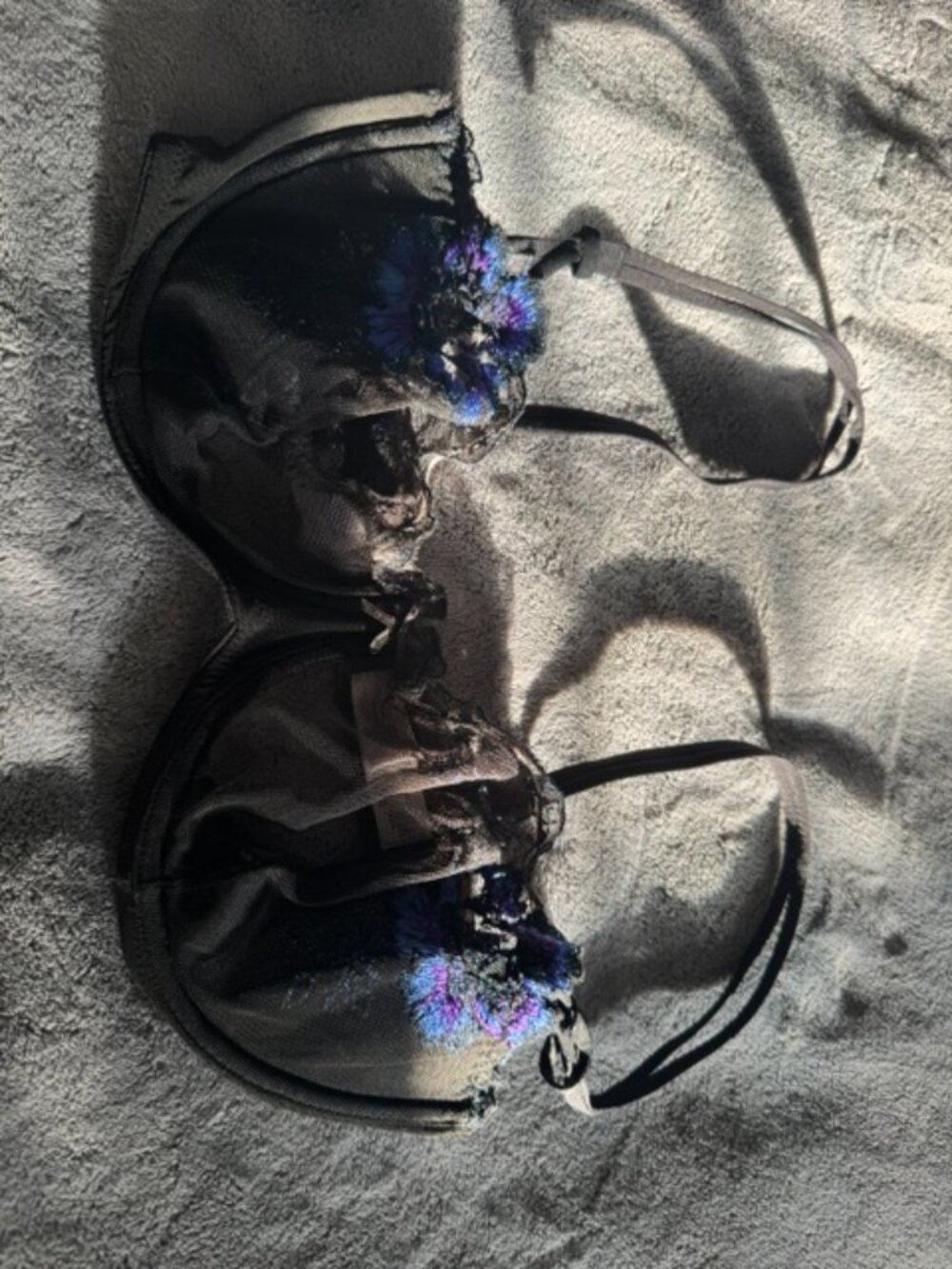 VICTORIA SECRET MESH/LACE BRA -BLACK WITH BLUE FLOWERS